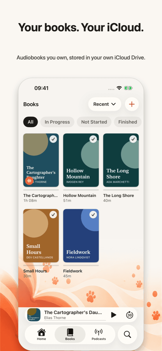 Your books. Your iCloud. Meowdio Books tab on the cream brand background