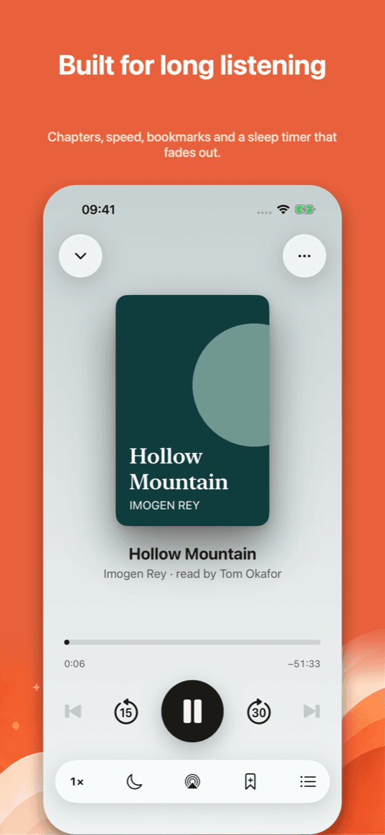 Built for long listening. Meowdio player on the tangerine brand background