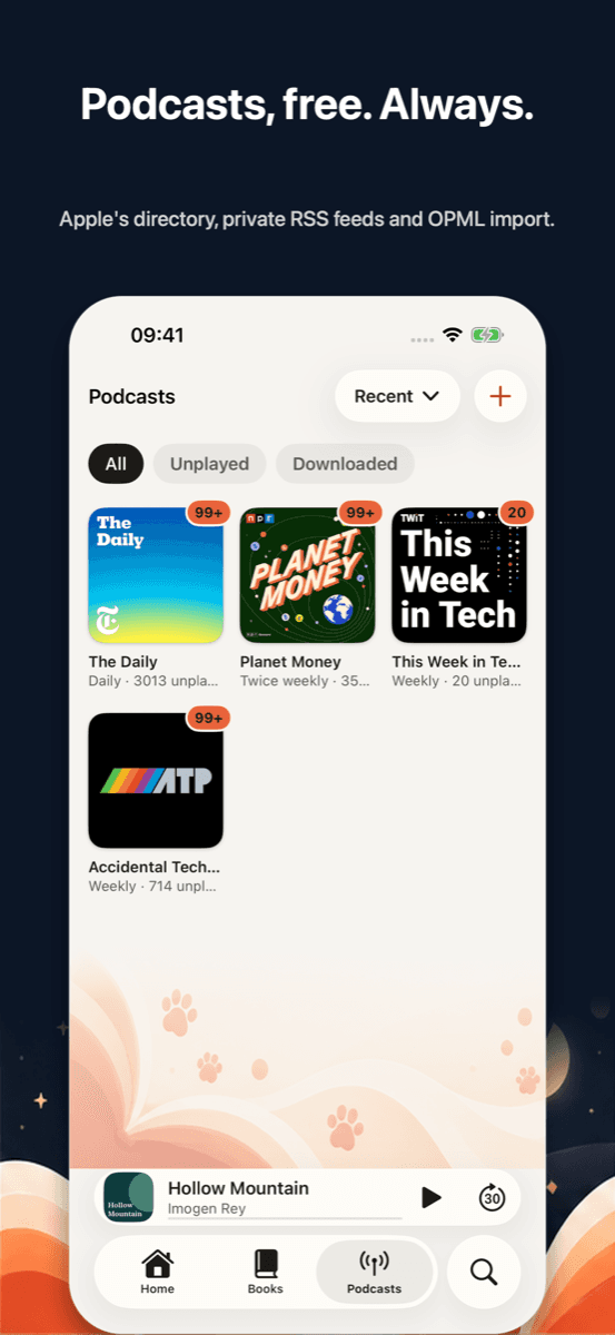 Podcasts, free. Always. Meowdio Podcasts tab on the midnight brand background