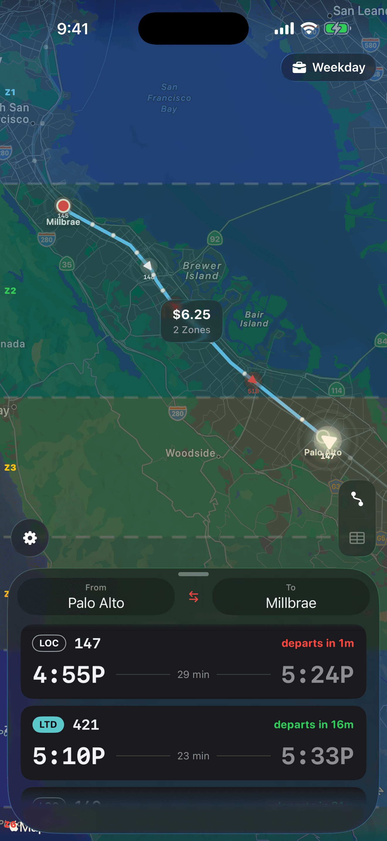 Delayta Caltrain app showing train positions, a Palo Alto to Millbrae route, fares, and upcoming departures