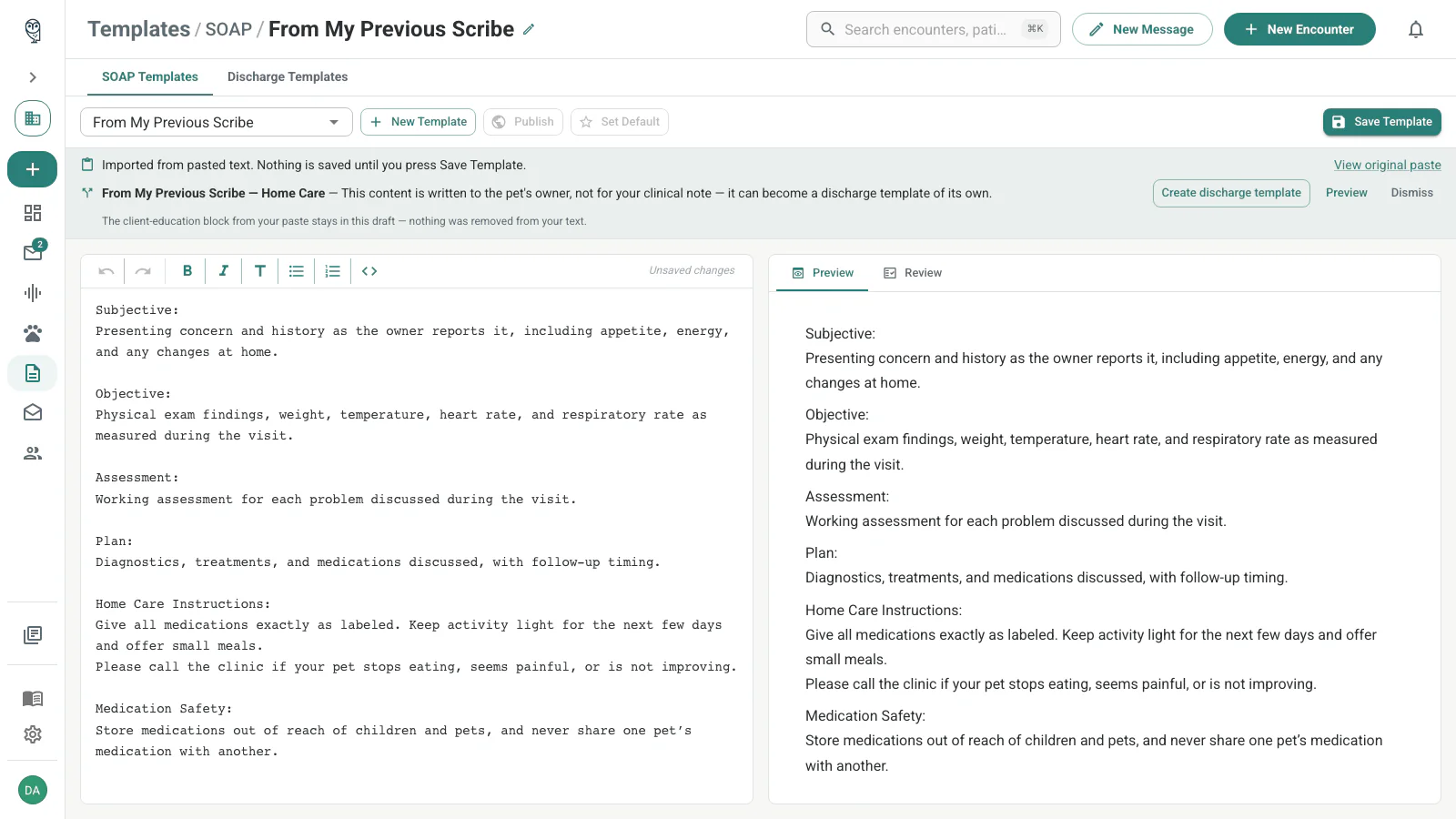 Noctune web app showing imported SOAP template proposals in the template editor