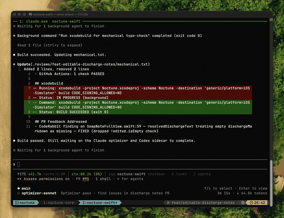 Terminal demo showing mechanical checks, addressed PR feedback, and an active Optimizer review