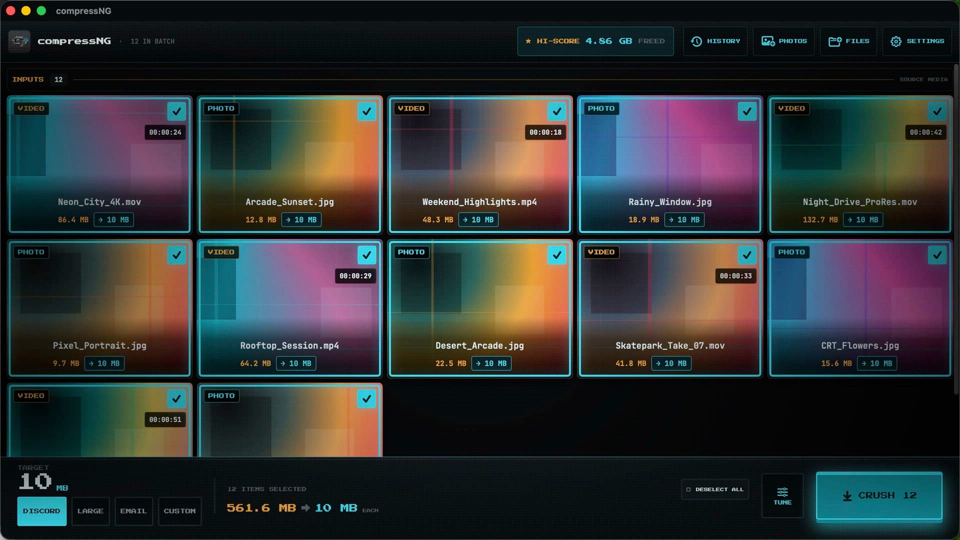 CompressNG Mac demo showing batch compression, settings, and comparisons with illustrative media