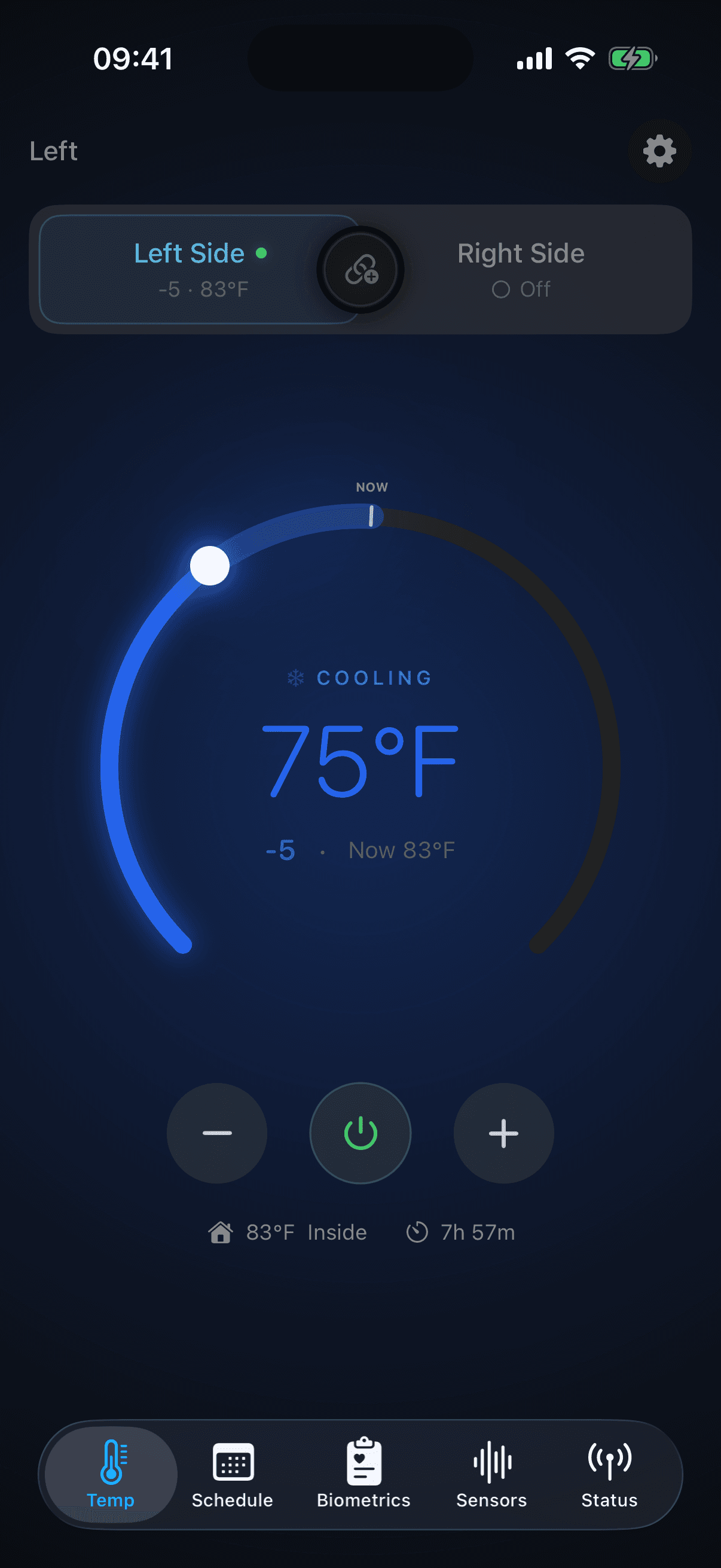 Sleepypod iOS temperature controls with side selection, cooling target, and tabs for schedules and biometrics